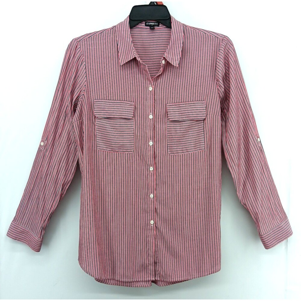 Express Shirt Women Large Red Gray Striped Long Roll Tab Sleeve Button Up Top